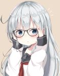  :o bespectacled black-framed_eyewear blush brown_background commentary_request glasses hibiki_(kantai_collection) highres kantai_collection long_hair long_sleeves looking_at_viewer no_hat no_headwear noeru_(gt17854) school_uniform serafuku silver_hair simple_background solo upper_body 