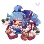  ;d ahoge animal bangs baozi blue_bow blue_cloak blue_dress blue_hair blunt_bangs blush bow brown_eyes chibi cloak commentary_request dress eyebrows_visible_through_hair food fur-trimmed_cloak fur_trim hair_bow hair_ornament holding holding_food leaf long_hair looking_at_viewer muuran one_eye_closed open_mouth pig rocca_(shironeko_project) rope shironeko_project sidelocks simple_background smile solo thick_eyebrows very_long_hair white_background 