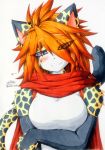  anthro blue_eyes blush breasts cat cheetah drunk feline female hair japanese_text jinya komura looking_at_viewer mammal red_hair scarf solo text あかばね_じん 