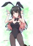  animal_ears arms_up black_eyes black_hair black_legwear black_leotard black_neckwear bow bowtie breasts bunny_ears bunny_pose bunny_tail bunnysuit cleavage commentary_request cowboy_shot detached_collar grin kantai_collection large_breasts leotard long_hair looking_at_viewer mikage_takashi multicolored_hair naganami_(kantai_collection) pantyhose pink_hair smile solo star starry_background strapless strapless_leotard tail twitter_username white_background wrist_cuffs 