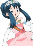  1girl blue_eyes blue_hair dress elbow_gloves female formal hainchu hikari_(pokemon) open_mouth pearl_necklace pink_dress pokemon pokemon_(anime) solo tiara white_gloves 