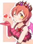  blown_kiss blush bow collarbone crop_top demon_horns demon_wings drop_shadow earrings elbow_gloves flower frills gloves hair_flower hair_ornament heart highres horns hoshizora_rin jewelry looking_at_viewer love_live! love_live!_school_idol_festival love_live!_school_idol_project one_eye_closed orange_hair pink_gloves pink_wings red_flower red_rose rose sen_(sen0910) solo striped striped_bow striped_gloves tiara upper_body wings yellow_eyes 