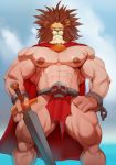  anthro cape clothing cloud feline justmegabenewell leo_(red_earth) lion loincloth looking_at_viewer male mammal melee_weapon muscular muscular_male nipple_piercing nipples pecs piercing red_earth solo standing sword weapon 