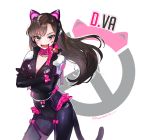  :d animal_ears bangs bell black_bodysuit bodysuit bow breasts brown_eyes brown_hair cat_ear_headphones cat_tail catsuit character_name choker cleavage cowboy_shot crossed_arms d.va_(overwatch) facial_mark fake_animal_ears fangs hana_shiori headphones highres jewelry jingle_bell long_hair looking_at_viewer medium_breasts open_mouth overwatch pink_bow pink_ribbon ribbon ribbon_choker shoulder_pads slit_pupils smile solo sparkle tail twitter_username v-shaped_eyebrows whisker_markings wrist_bow 