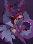  bare_shoulders desco_(disgaea) disgaea dress earrings elbow_gloves flat_chest gloves horns jewelry jitome looking_at_viewer makai_senki_disgaea_4 open_mouth pointy_ears purple_background purple_dress purple_hair purple_legwear red_eyes short_dress short_hair slit_pupils solo tail tentacles thighhighs third_eye triangle_mouth yamaarashi 