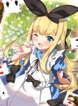  ;3 apron bangs black_bow black_hairband blonde_hair blue_dress blush bow card commentary dress eyebrows_visible_through_hair from_above green_eyes hairband long_hair looking_at_viewer mononobe_alice nijisanji on_grass on_ground one_eye_closed open_mouth playing_card sidelocks solo takashiru tree_stump twitter_username very_long_hair virtual_youtuber white_apron 