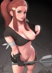  1girl bandage bandaged_arm bandages black_gloves black_shirt black_shorts breasts brigitte_(overwatch) brown_eyes brown_hair collarbone concrete covered_nipples cowboy_shot cracked_floor from_above gloves grey_background groin holding holding_weapon long_hair looking_at_viewer mace medium_breasts mezzo_(orbanga21) navel nipples no_bra no_panties one_breast_out overwatch ponytail self_exposure shirt shirt_pull short_shorts short_sleeves shorts shorts_pull shoulder_tattoo sidelocks single_glove smile solo tattoo unzipped weapon 