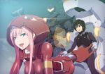  1girl black_hair blue_eyes commentary crossover darling_in_the_franxx gipsy_avenger green_eyes hiro_(darling_in_the_franxx) horns long_hair mecha nandz pacific_rim pacific_rim:_uprising pilot_suit pink_hair season_connection short_hair zero_two_(darling_in_the_franxx) 