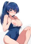  absurdres areolae blue_eyes blue_hair breasts breasts_outside cleavage covered_navel cropped detexted eyebrows_visible_through_hair folded_leg hair_ornament hair_scrunchie hands_up highres inue_shinsuke inverted_nipples large_areolae large_breasts looking_at_viewer non-web_source one-piece_swimsuit original parted_lips ponytail scan school_swimsuit scrunchie simple_background sitting solo swimsuit swimsuit_pull third-party_edit wet white_scrunchie 