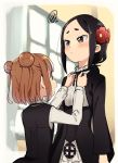  :&lt; adjusting_another's_clothes bangs beatrice_(princess_principal) black_eyes black_hair black_neckwear black_ribbon blush brown_eyes brown_hair double_bun dressing_another flower frilled_shirt_collar frills from_behind hair_flower hair_ornament long_sleeves multiple_girls neck_ribbon niina_ryou open_mouth princess_principal profile red_flower ribbon school_uniform squiggle toudou_chise vest window 
