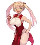  bare_arms bare_shoulders blonde_hair blush breasts china_dress chinese_clothes cowboy_shot dress fang green_eyes hair_between_eyes hand_up korean_commentary large_breasts long_hair looking_at_viewer original pelvic_curtain red_dress simple_background solo sookmo standing twintails v-shaped_eyebrows very_long_hair white_background 