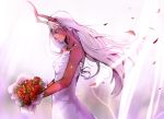  absurdres bare_shoulders bouquet closed_eyes commentary darling_in_the_franxx dress emi-bianchi flower happy_tears highres horns light_rays long_hair oni_horns petals pink_hair profile red_skin smile solo spoilers tears very_long_hair wedding_dress zero_two_(darling_in_the_franxx) 