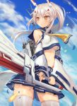  ayanami_(azur_lane) azur_lane blue_sky choker cloud cloudy_sky commentary_request day detached_sleeves hair_ornament hairclip holding ko_31 long_hair machinery navel pleated_skirt ponytail remodel_(azur_lane) school_uniform serafuku silver_hair skirt sky solo sword thighhighs turret weapon white_legwear wind yellow_eyes zettai_ryouiki 