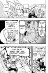  2018 anthro black_and_white breasts cleavage_cutout clothed clothing comic cookie cookie_(furryfight_chronicles) daigaijin dialogue english_text female fish food furryfight_chronicles harry_fishkopp lagomorph mammal marine monochrome muko rabbit salmon text 