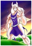  2018 apron areola asriel_dreemurr asriel_dreemurr_(god_form) biceps big_pecs bone boss_monster caprine clothing delta_rune female fish fur goat horn juacamo_(artist) macro male mammal marine markings muscular muscular_male night nipples pecs sans serratus skeleton smile toriel undertale undyne video_games white_fur 