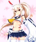  ayanami_(azur_lane) azur_lane breasts choker commentary_request detached_sleeves hair_ornament hairclip insider_(pix_insider) long_hair looking_at_viewer medium_breasts navel pleated_skirt ponytail red_eyes remodel_(azur_lane) school_uniform serafuku silver_hair skirt solo thighhighs underboob white_legwear zettai_ryouiki 