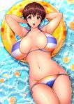  arms_up bikini blush breasts breasts_apart brown_eyes brown_hair cleavage collarbone commentary_request day eyebrows_visible_through_hair hair_between_eyes highres huge_breasts idolmaster idolmaster_cinderella_girls innertube lips looking_at_viewer navel oikawa_shizuku open_mouth outdoors partially_submerged short_hair side-tie_bikini solo striped striped_bikini swimsuit umasan water wet yellow_innertube 