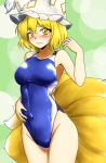  animal_ears blonde_hair blue_swimsuit blush breasts competition_swimsuit d-m_(dii_emu) fox_ears fox_tail green_background hand_on_own_stomach hat highres kitsune looking_at_viewer medium_breasts multiple_tails one-piece_swimsuit pillow_hat short_hair solo swimsuit tail touhou yakumo_ran yellow_eyes 
