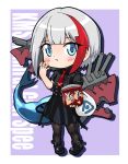  admiral_graf_spee_(azur_lane) azur_lane bag black_dress black_legwear blue_eyes boots bugles chibi commentary_request dress eating hydrock looking_at_viewer machinery multicolored_hair necktie pantyhose plastic_bag shopping_bag short_hair silver_hair snack solo turret two-tone_hair 