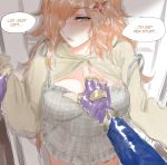 1boy 1girl blouse blush breasts dress ezreal gloves green_eyes hetero large_breasts league_of_legends netorare pd_(pdpdlv1) pov red_hair sarah_fortune shirt_lift speech_bubble star_guardian_ezreal text 