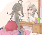  ahoge applying_makeup blue_bow blue_hair bottle bow bowtie colis commentary_request cushion full_body grey_eyes grey_hair grey_legwear hair_between_eyes hair_bun kantai_collection kiyoshimo_(kantai_collection) lipstick lipstick_tube long_hair long_sleeves looking_at_mirror low_twintails makeup mirror multicolored_hair pantyhose reflection school_uniform shirt sitting solo twintails twitter_username vanity_table very_long_hair wariza white_shirt 