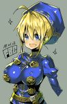  ahoge blonde_hair blue_eyes breasts commentary_request fantasy_earth_zero fbc hat large_breasts long_sleeves open_mouth short_hair solo 