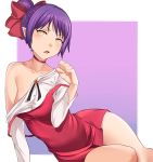  aori_sora arm_support blush bow cat_girl commentary dress english_commentary fang fingernails gegege_no_kitarou hair_bow hair_bun leaning_to_the_side looking_at_viewer nekomusume nekomusume_(gegege_no_kitarou_6) off_shoulder parted_lips pointy_ears purple_background purple_hair red_bow red_dress sharp_fingernails shirt short_dress sitting slit_pupils solo strap_slip white_shirt yellow_eyes 