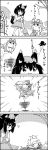  4koma ? animal_ears bag bow broom cat_ears cat_tail chen comic commentary_request crossed_arms dustpan emphasis_lines greyscale hair_between_eyes hair_bow hat hat_ribbon highres hill house jewelry jumping kite leaf long_hair mob_cap monochrome multiple_tails ribbon shirt short_hair single_earring skirt skirt_set smile spinning_top sweeping tail takobue tani_takeshi touhou translation_request tree very_long_hair waistcoat yukkuri_shiteitte_ne 