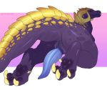  2017 animal_genitalia animal_penis butt claws cloaca digital_media_(artwork) dragon erection feral genital_slit hi_res horn looking_at_viewer looking_back male penis purple_scales qwertydragon scales scalie simple_background slit solo spikes teeth toe_claws wingless_dragon yellow_eyes zuul_(ulfhednar) 