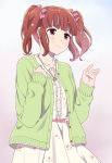 belt blush brown_eyes brown_hair cardigan clover dress floral_print gradient gradient_background green_cardigan hair_ribbon idolmaster idolmaster_cinderella_girls jewelry long_sleeves mattaku_mousuke necklace ogata_chieri open_cardigan open_clothes outstretched_hand pink_ribbon ribbon sidelocks sleeves_past_wrists smile solo twintails upper_body 