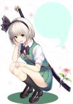  adjusting_hair ass black_bow black_footwear black_hairband black_neckwear black_ribbon bob_cut bow bowtie breasts commentary_request eyebrows_visible_through_hair flower green_eyes green_skirt green_vest hair_ribbon hairband hitodama katana kneehighs konpaku_youmu konpaku_youmu_(ghost) loafers looking_at_viewer miniskirt noe_noel open_mouth pink_flower pleated_skirt puffy_short_sleeves puffy_sleeves ribbon sheath sheathed shirt shoes short_hair short_sleeves silver_hair simple_background skirt small_breasts smile solo squatting sword touhou vest weapon white_background white_shirt wings 