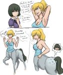  &lt;3 black_hair blonde_hair blue_eyes blush breasts butt centaur clothed clothing dialogue duo embarrassed equine equine_taur female hair happy human mammal merging open_mouth ponytail sequence shirt simple_background standing surprise taur transformation white_background xxxx52 