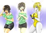  2011 abstract_background anthro blonde_hair blue_hair breasts brown_hair camel_toe cervine clothed clothing female hair human human_to_anthro looking_at_viewer mammal navel nipple_bulge open_mouth pants shirt solo standing surprise swimsuit transformation スカーレット 