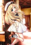  blonde_hair blue_eyes commentary_request dress fire_maxs from_behind gloves hat jervis_(kantai_collection) kantai_collection long_hair looking_at_viewer looking_back open_mouth sailor_collar sailor_dress sailor_hat short_sleeves solo white_dress white_gloves white_hat 