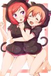  ^_^ animal_ears animal_hood ass_visible_through_thighs barefoot black_hoodie blush cat_hood cat_tail clenched_hands closed_eyes fake_animal_ears flying_sweatdrops hands_up heart highres hood hood_up hoshizora_rin hug hug_from_behind love_live! love_live!_school_idol_project multiple_girls nishikino_maki no_pants orange_hair panties purple_eyes red_hair sen_(sen0910) short_sleeves standing standing_on_one_leg striped striped_panties tail underwear yuri 