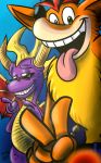  anthro bandicoot big_ears claws close-up clothed clothing crash_bandicoot crash_bandicoot_(series) crossover dragon eyewear feral fur glasses green_eyes hair horn looking_at_viewer male mammal marsupial navel nintendonut1 nude open_mouth orange_fur pants purple_eyes purple_skin scales scalie selfie sharp_claws sharp_teeth smile spyro spyro_the_dragon teal_background teeth tongue tongue_out topless video_games western_dragon wings 