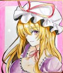  blonde_hair breasts cleavage closed_mouth commentary_request dress eyebrows_visible_through_hair hair_over_one_eye hat hat_ribbon highres large_breasts long_hair looking_at_viewer mob_cap neck_ribbon photo puffy_sleeves purple_dress purple_eyes red_neckwear red_ribbon ribbon scan shikishi smile solo tanaji touhou traditional_media upper_body white_hat yakumo_yukari 