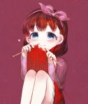  blue_eyes blush bow brown_hair eyebrows_visible_through_hair hair_bow hairband heart heart-shaped_pupils idolmaster idolmaster_cinderella_girls knitting knitting_needle long_sleeves looking_at_viewer needle pink_hairband red_yarn sakuma_mayu sasasasa simple_background sitting skirt smile solo sweater symbol-shaped_pupils yarn younger 