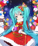  1girl antenna_hair aqua_eyes aqua_hair bangs blush bow box christmas closed_mouth dress eyebrows_visible_through_hair flower fur-trimmed_dress fur-trimmed_mittens gift gift_box glint hair_bow hair_ornament hatsune_miku head_tilt holding holding_gift long_hair looking_at_viewer mittens red_dress red_mittens santa_costume sidelocks solo standing star striped striped_bow tp_(kido_94) turtleneck_dress twintails very_long_hair vocaloid white_flower wreath 