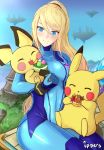  1girl :3 :d ^_^ artist_name bangs blonde_hair blue_bodysuit blue_eyes blue_sky blush bodysuit breasts carrying closed_eyes closed_mouth covered_navel creatures_(company) eating eyes_closed floating_island food fruit game_freak gen_1_pokemon gen_2_pokemon grass hair_between_eyes highres ippers long_hair looking_at_another looking_down macaron medium_breasts metroid mole mole_under_mouth nintendo open_mouth orange pastry pichu pikachu pokemon pokemon_(creature) ponytail samus_aran sitting sitting_on_lap sitting_on_person sky smile super_smash_bros. super_smash_bros._ultimate swept_bangs zero_suit 