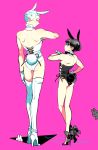  2boys absurdres animal_ears arm_at_side ass bare_shoulders black_eyes black_footwear black_hair blue_eyes boots bunny bunny_boy bunny_ears bunny_tail gloves high_heels highres kinako_(marubotan) leotard looking_back male_focus multiple_boys original pink_background red_pupils simple_background standing tail thigh_boots thighhighs white_footwear white_gloves white_hair wrist_cuffs 