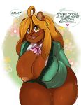  &lt;3 &lt;3_eyes 2018 absurd_res anthro areola arnachy bear big_breasts blazer blonde_hair blouse bottomless breasts brown_fur clothed clothing dialogue digital_media_(artwork) english_text female floral_background fur hair hairclip hi_res honey_mandise huge_breasts leaning leaning_forward long_hair looking_at_viewer mammal nipple_bulge nipple_slip nipples open_mouth pussy shirt smile solo speech_bubble text thick_thighs yellow_eyes 