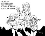  2008 animal_humanoid blush bovine breasts clothing cow_humanoid dessert female food gouly group hair horn humanoid ice_cream long_hair mammal monochrome open_mouth shirt standing surprise teats text torn_clothing transformation tree udders underwear young 
