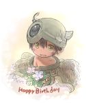 bare_shoulders brown_hair collarbone eyebrows_visible_through_hair happy_birthday helmet made_in_abyss male_focus regu_(made_in_abyss) short_hair solo tsukushi_akihito upper_body yellow_eyes 