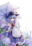  artist_name blue_hair bow dated dress eyebrows_visible_through_hair feet_out_of_frame flower food frilled_skirt frills frown fruit hair_between_eyes hand_on_own_knee hat highres hinanawi_tenshi holding holding_umbrella hydrangea knees_up layered_dress leaf ling_mou long_hair looking_at_viewer peach puffy_short_sleeves puffy_sleeves red_bow red_eyes short_sleeves simple_background sitting skirt solo touhou umbrella wet wet_clothes wet_hair white_background 