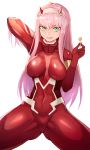  :p bodysuit candy commentary covered_navel darling_in_the_franxx english_commentary eyeshadow food green_eyes hairband hand_behind_head hand_up highres horns impossible_bodysuit impossible_clothes lollipop long_hair looking_at_viewer makeup pilot_suit pink_hair red_bodysuit simple_background solo sookmo spread_legs tongue tongue_out white_background zero_two_(darling_in_the_franxx) 