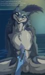  2018 5_fingers ambiguous_gender anthro anthro_on_anthro balls blue_eyes blue_fur blue_hair blue_penis blurred_background duo erection eyebrows fur grey_fur hair hand_on_penis handjob looking_down male male/ambiguous multicolored_fur penis sergal sex sidgi sitting slit_pupils smile snout solo two_tone_fur 