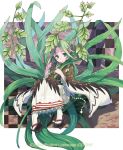  braid green_eyes green_hair hair_tie hand_up japanese_clothes kimono medium_hair nike_(smaaaash) official_art plant platform_footwear sandals sitting twin_braids watermark white_legwear wide_sleeves wixoss 