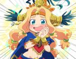  :d aqua_eyes aztec bead_necklace beads blonde_hair blue_cape blush bracer cape chin_piercing emphasis_lines eyebrows eyebrows_visible_through_hair eyes_visible_through_hair fate/grand_order fate_(series) feathers groin hair_beads hair_intakes hair_ornament hands_clasped hands_up headband headdress jewelry long_hair low-tied_long_hair navel neck_ring necklace open_mouth own_hands_together piercing poncho quetzalcoatl_(fate/grand_order) shoulder_pads smile solo sparkle stomach tsukko_(3ki2ne10) twitter_username 