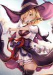  arm_across_chest bangs black_footwear black_hat black_legwear black_sailor_collar blonde_hair blue_sky blush boots breasts brown_eyes cleavage closed_mouth collarbone commentary_request dagger day djeeta_(granblue_fantasy) eyebrows_visible_through_hair gloves granblue_fantasy hat medium_breasts mouth_hold neckerchief one_eye_closed outdoors pleated_skirt red_neckwear sailor_collar school_uniform serafuku shiero. shirt skirt sky solo thigh_boots thighhighs weapon white_gloves white_shirt white_skirt witch_hat 